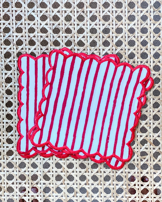 Six Ticking stripe Deep Raspberry cocktail squares