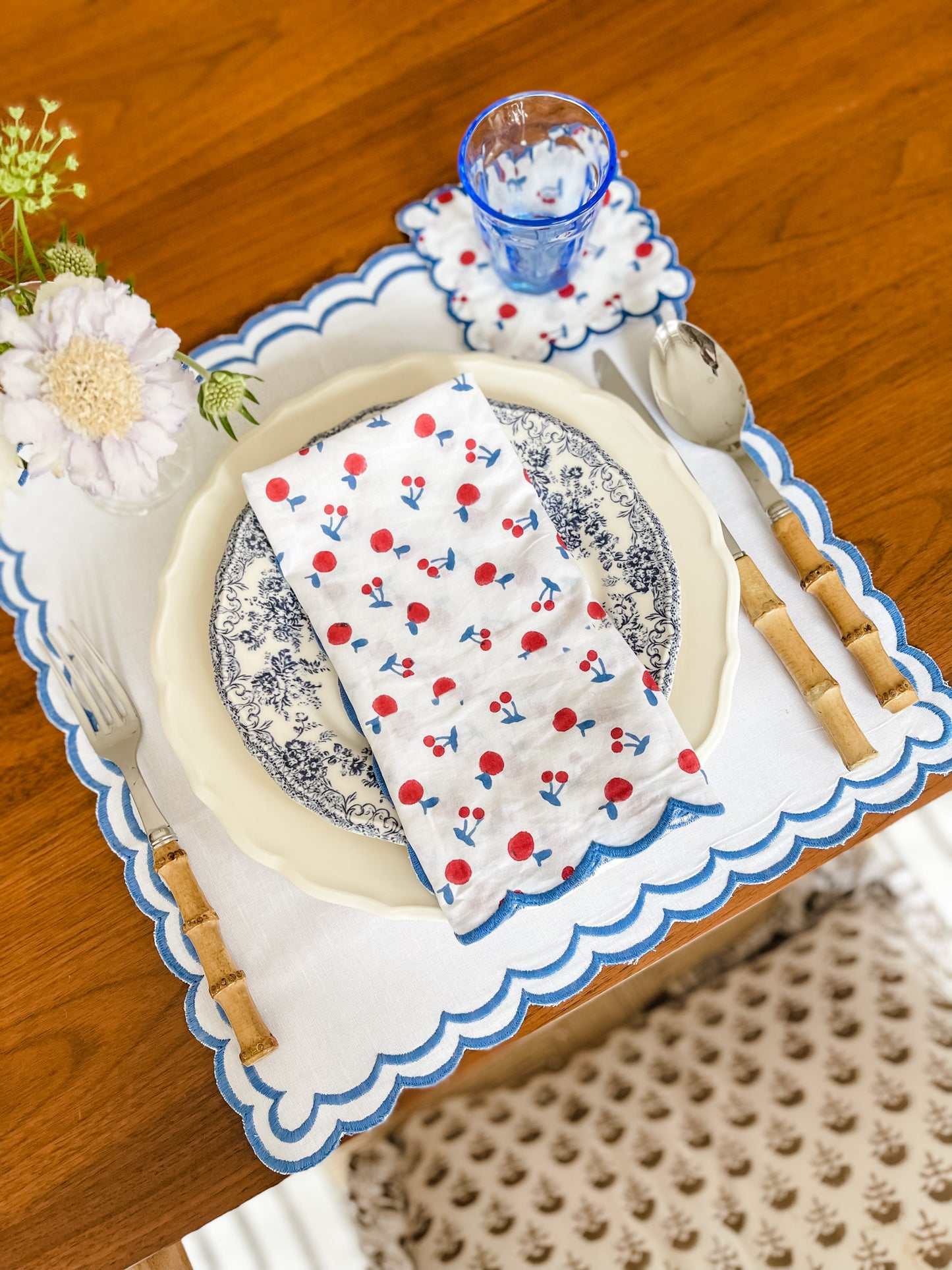 Blue Scalloped Embroidered  Placemats